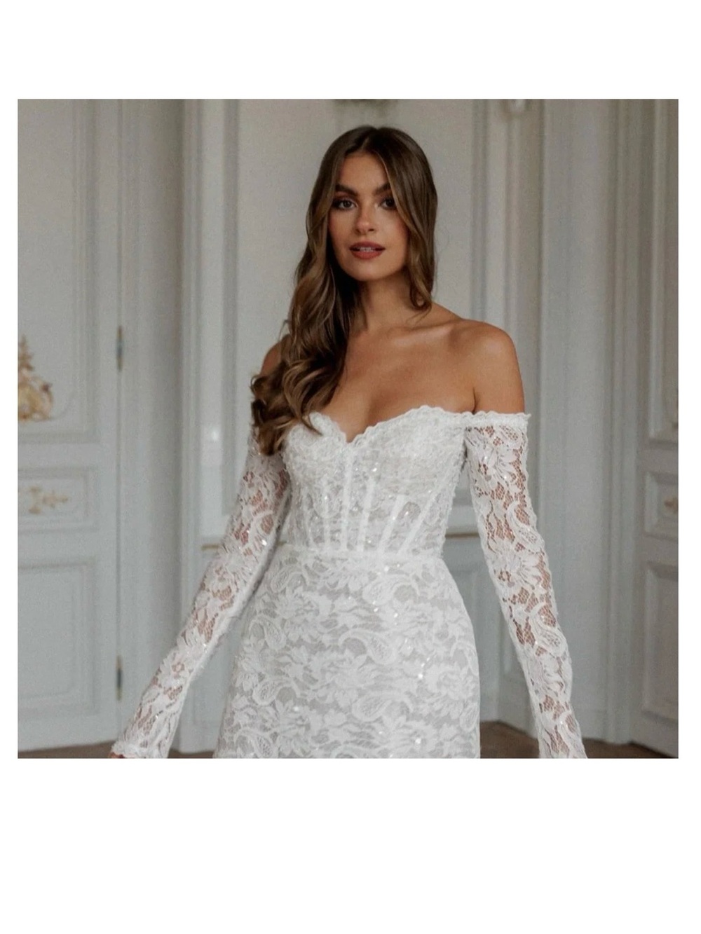 Off-Shoulder White Lace Bridal Gown with Sheer Long Sleeves